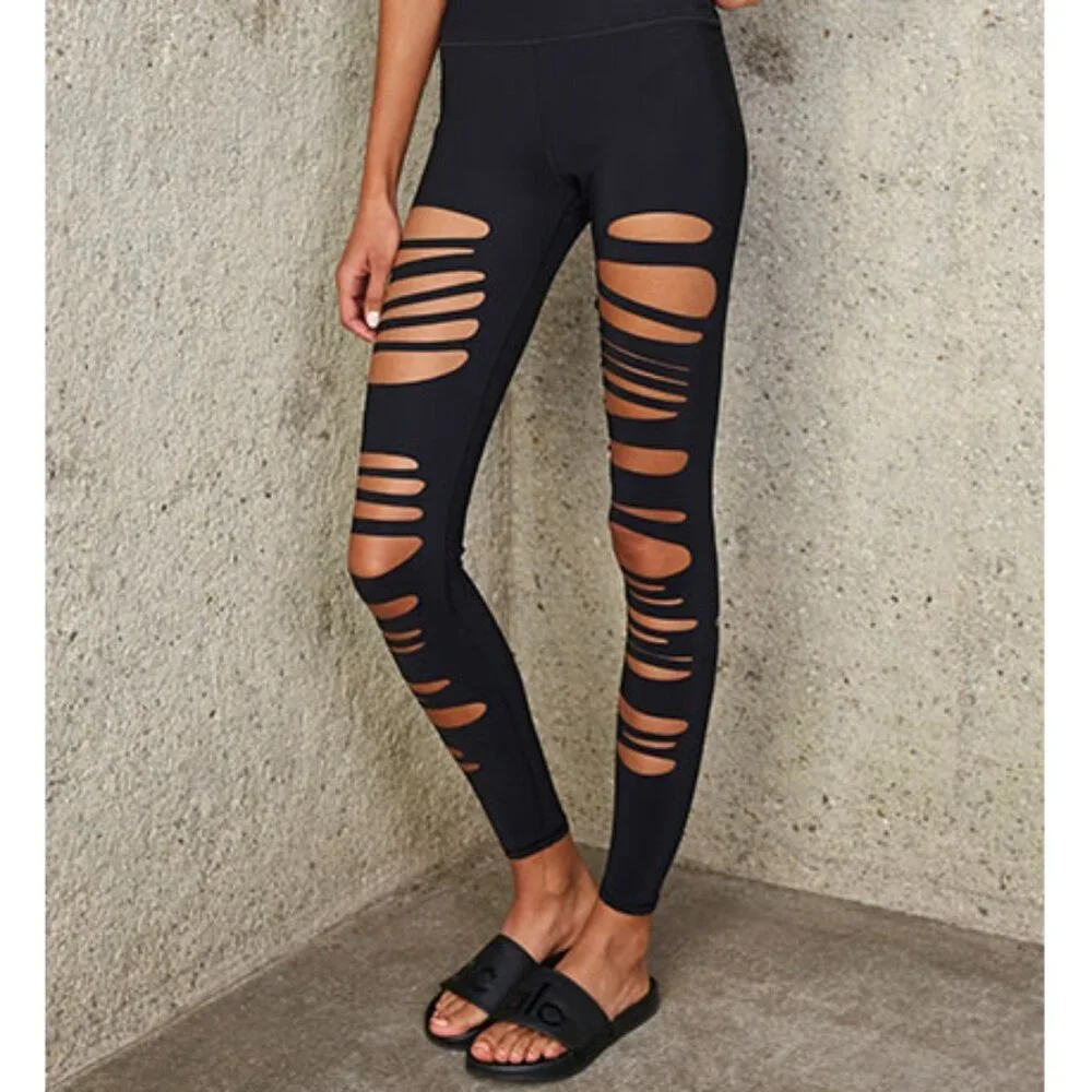 Alo High-Waist Extreme Ripped Warrior Leggings Black Edgy Hi-Rise Destroyed Pant